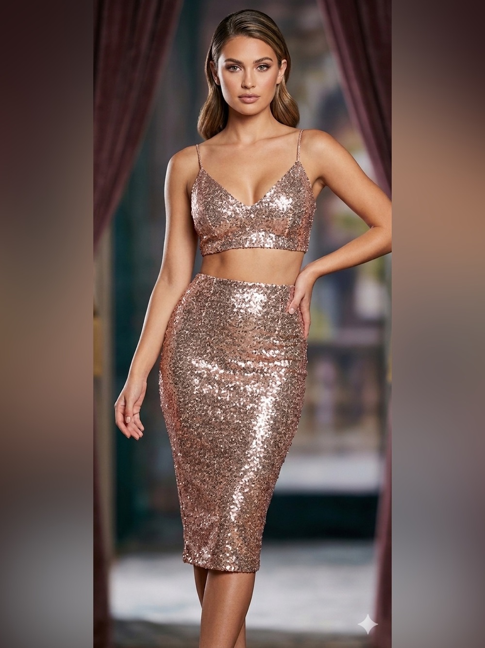 Zara 2 Piece Set - Sequin Pencil Skirt in Rose Gold + Top